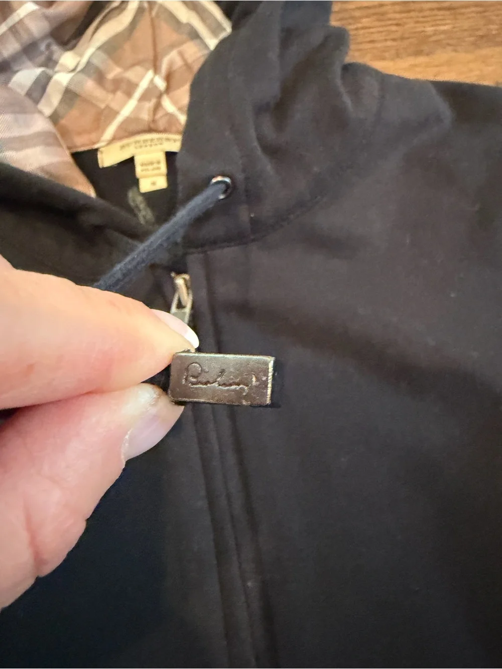 Burberry Black Zip-Up Hoodie with Beige Check Lining and Elbow Patches - Picture 4 of 7